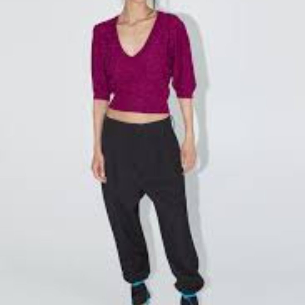 NWT Zara Purple Metallic Italian Yarn Cropped V-Neck Sweater Size L - Picture 2 of 7